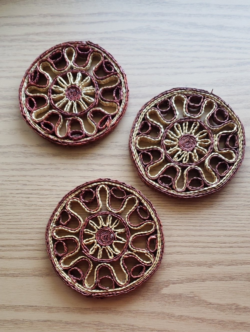 Vintage 70s Woven Raffia Straw Trivets Set 3 Boho Wall Art Decor Hot Pads
